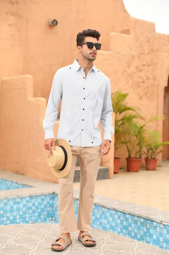 Vista 2 de Angeun Guayabera - Camisa de manga larga con botones, de algodón y lino, casual, hippie, cubano, campamento, playa