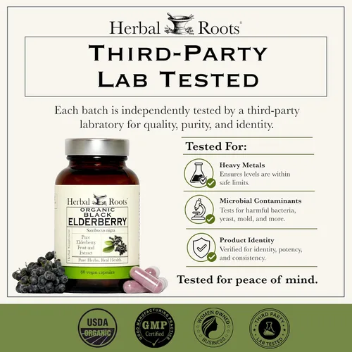 Vista 5 de Herbal Roots - Cápsulas orgánicas de saúco negro, fuerza máxima, certificado por USDA orgánico, apoyo inmunológico, 60 cápsulas veganas
