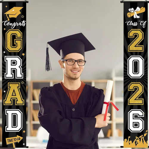 Vista 7 de Cartel de graduación 2026, decoraciones de graduación negro y dorado, letrero de porche de clase de 2026, decoración de puerta de felicitaciones