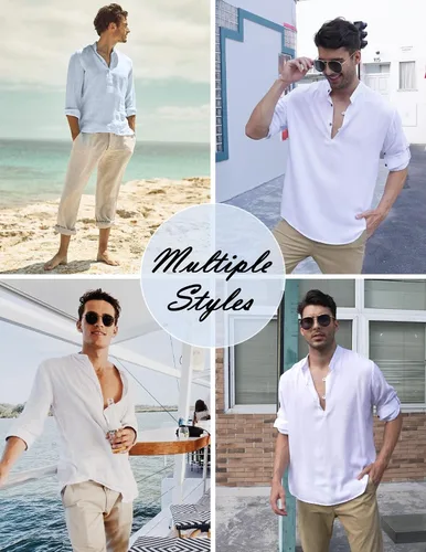 Vista 8 de COOFANDY Camisa Henley de algodón y lino para hombre, estilo casual, para playa, hippie, camisetas de manga larga
