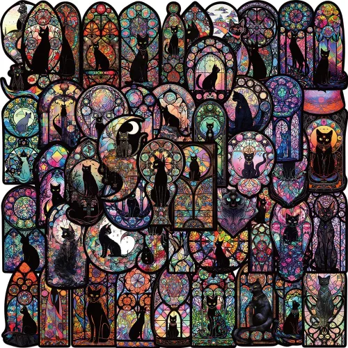 Vista 11 de 50 Calcomanías de Gato Negro de Astrología Tarot - Calcomanías Góticas Medievales de Gatito Bruja Oscura para Portátiles, Botellas de Agua, Álbumes