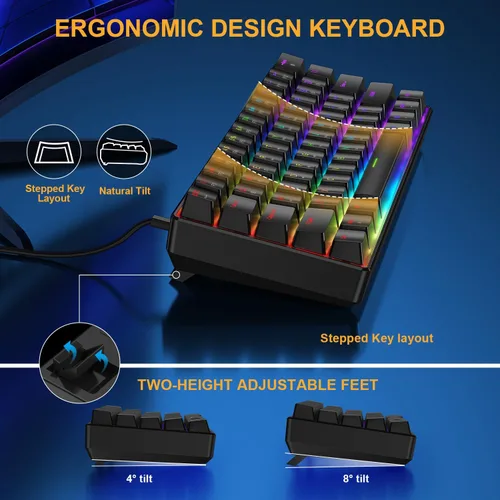 Vista 4 de BlueFinger Combo de teclado y mouse mecánicos para juegos 60% – Teclado RGB con retroiluminación arcoíris de 61 teclas con interruptor rojo y 4 DPI