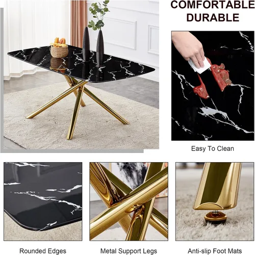 Vista 3 de Juego de mesa de comedor moderna para mesa de comedor negra de 4,63 pulgadas, juego de 4 con patas de metal dorado, mesa de cocina rectangular