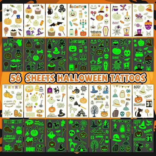 Vista 2 de EMOME Más de 500 estilos de tatuajes de Halloween brillantes para niños a granel, lindos tatuajes temporales para niños, golosinas de Halloween