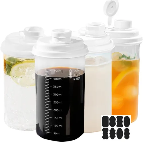 Vista 8 de Paquete de 2 botellas de leche de plástico con dispensador, botella de jugo reutilizable de 16.9 onzas con tapa y escala a prueba de fugas