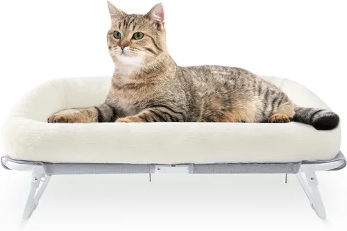 Vista 8 de Sunhoo Cama elevada para gatos, hamaca elevada plegable para mascotas, tumbona para cachorros con marco de metal fuera del suelo, cubierta lavable