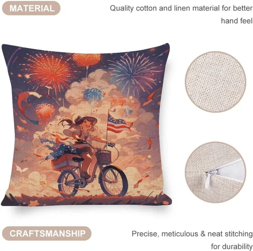 Vista 4 de Funda de cojín de lino para decoración del hogar al aire libre, 4 de julio, Día de la Independencia, celebración del 4 de julio, celebración retro