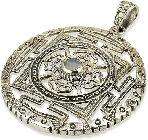 Vista 2 de Colgante de mandala tibetano de piedra lunar de plata de ley tamaño 1.3", Metal, Adularia