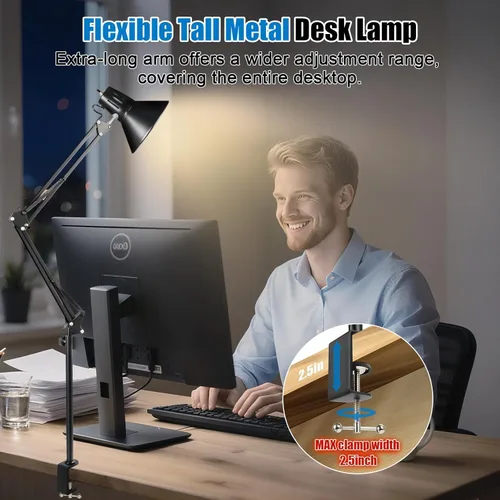 Vista 4 de Lámpara de escritorio con abrazadera LED, lámpara de escritorio con brazo oscilante ajustable de 360°, luz de abrazadera con bombilla LED que cuida