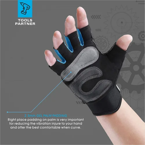 Vista 5 de FOUR-AM Guantes de trabajo para hombre, guantes mecánicos sin dedos, antichoque, anticolisión para hombres y mujeres
