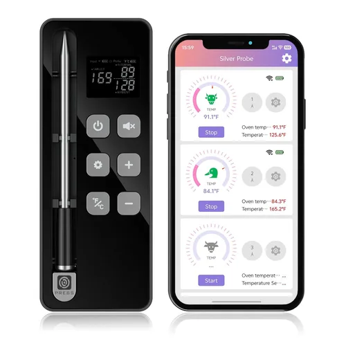 Vista 8 de Termómetro inalámbrico inteligente Bluetooth para carne con base de pantalla, precisión NIST ±0.5°F, sonda ultrafina resistente al calor de 1000 °F