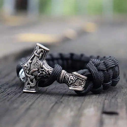 Vista 4 de Pulsera de martillo de Thor vikingo, cuerda de supervivencia Valknut Dragón Fenrir Medallón Mjolnir, Martillo de Thor, Serpiente Ouroboros