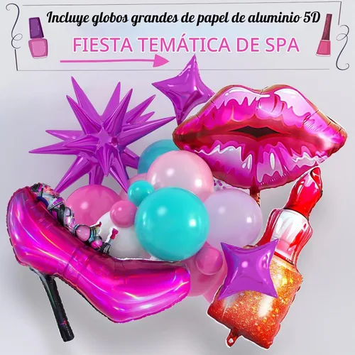 Vista 4 de 127 piezas de suministros de fiesta de spa para niñas, decoración de cumpleaños con guirnalda de globos, globos de papel de aluminio, telón