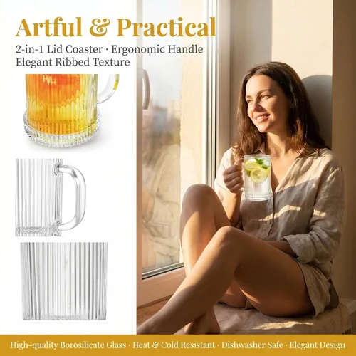 Vista 4 de Noamus Paquete de 4 tazas de café de vidrio con tapa y cuchara, taza de té de rayas verticales acanaladas de 13 onzas, juego de cristalería clásica