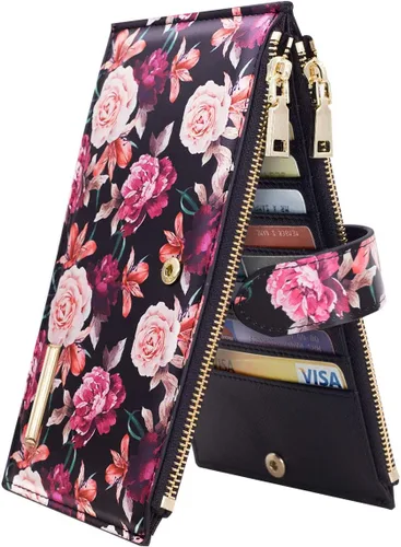 Vista 23 de Billetera de mujer con bloqueo RFID de gran capacidad, organizador multitarjetas, billetera plegable para mujer con bolsillo con cremallera