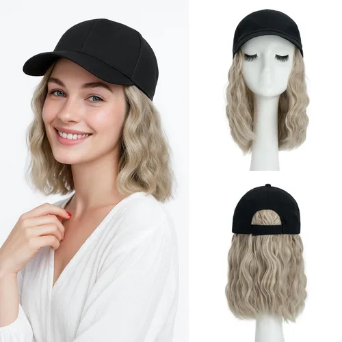 Vista 23 de SEGO - Peluca de gorra con pelo adjunto para mujer, gorra negra de béisbol con extensiones de pelo, gorra de béisbol larga y ondulada con ajuste