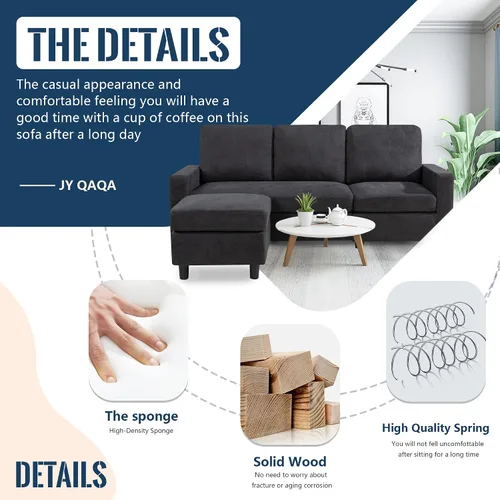 Vista 4 de JY QAQA - Sofá modular convertible, sofá en forma de L con tela de lino moderna, 4 asientos de ancho, tumbona reversible para espacios pequeños