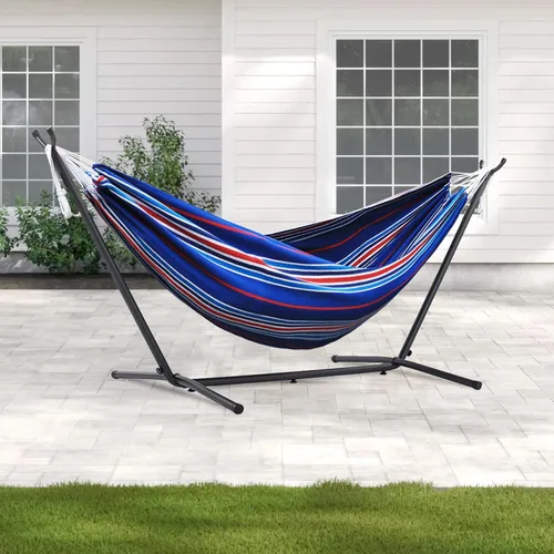 Vista 7 de Hamaca doble ajustable de capacidad de 550 libras con soporte de acero resistente de 10 pies, incluye funda de transporte portátil, fácil de Azul
