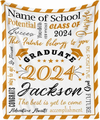 Vista 23 de Manta personalizada con nombre de graduados y escuela para un regalo único, manta personalizada de graduación de clase de 2024, manta suave, 30 x 40