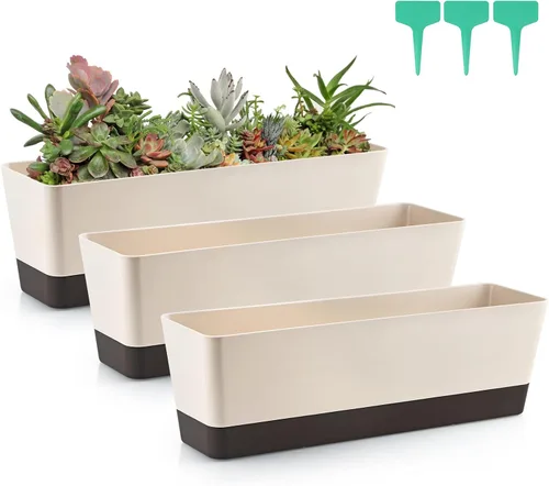 Vista 10 de Skelang Maceta rectangular de 3 piezas, maceta de flores de 12 pulgadas, contenedor para alféizar de ventana para suculentas, hierbas, verduras Negro