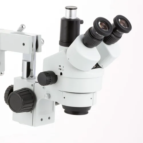 Vista 2 de AmScope - Microscopio de zoom estéreo simulfocal 7X-45X en soporte de brazo doble + 144-LED anillo de luz - SM-4TP-144