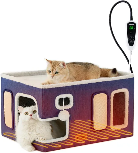 Vista 18 de ZOMISIA Casa térmica para gatos de interior – Cama grande de calentamiento para gatos para invierno con bola esponjosa colgante y almohadilla