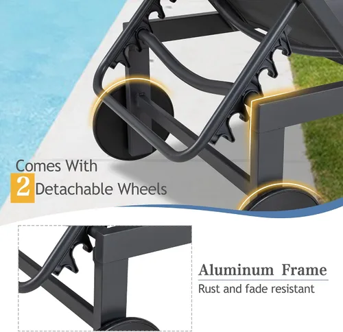 Vista 4 de QAQA - 2 tumbonas para exteriores con ruedas, silla de aluminio para patio con 5 posiciones ajustables para piscina, playa, patio, gris oscuro