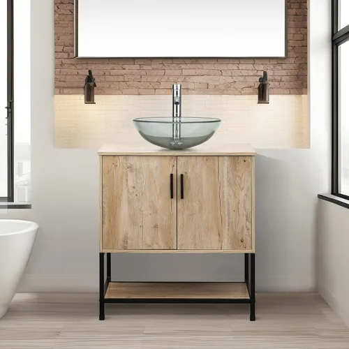 Vista 14 de UEV Juego de tocador de baño antiguo de 24 pulgadas, color marrón oscuro con lavabo, armario de baño de madera de hierro con grifo de temperatura