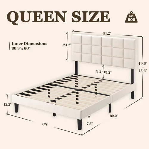 Vista 8 de Fluest Base de cama de plataforma Queen con cabecera alta tapizada de lino, no necesita somier, esponja EVA antirruido, fácil montaje, envío en una