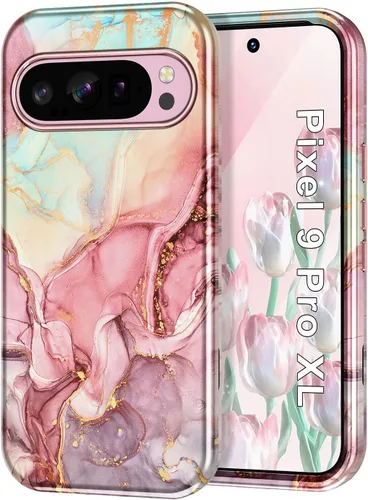 Vista 9 de Btscase Funda para Google Pixel 9 Pro 2024 [grado militar a prueba de golpes] elegante patrón de mármol delgado protector 3 capas de policarbonato