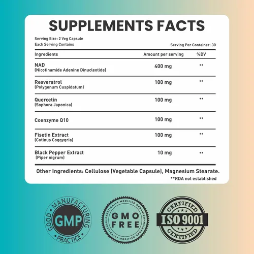 Vista 2 de Suplemento NAD+ de 810 mg con nicotinamida adenina dinucleótido, resveratrol, quercetina, coenzima Q10, fisetina y pimienta negra - Envejecimiento