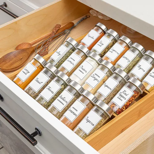 Vista 6 de Orii Organizador compacto de especias de bambú de 18 tarros para encimera y cajón de cocina, lleno de especias, programa