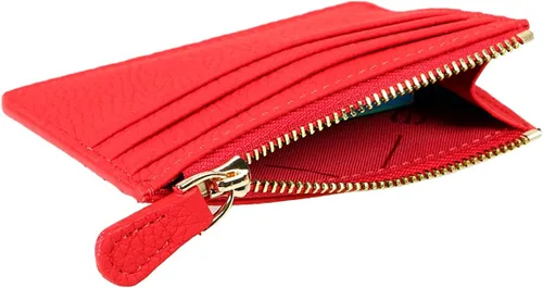 Vista 3 de grande 3603 - Tarjetero de cuero genuino para mujeres y hombres, delgada y minimalista con cremallera pequeña, Rojo -, Minimalista