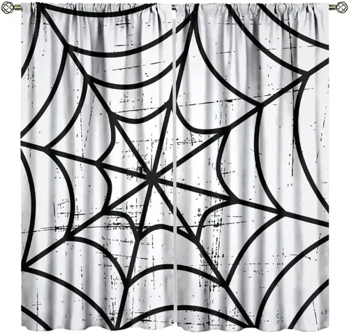 Vista 39 de Cortinas opacas de tela de araña aterradora para niños, tela de araña en blanco y negro, fondo rojo, dormitorio de niños, guardería, decoración