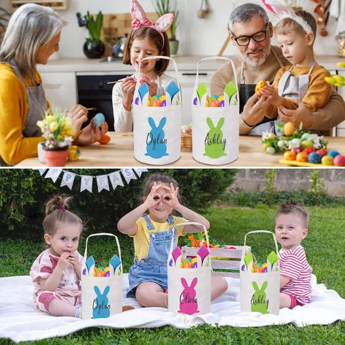 Vista 3 de Cesta de Pascua personalizada, cestas de Pascua moradas para niños, cestas de Pascua personalizadas con nombre, cestas de caza de huevos de Pascua