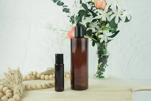 Vista 7 de Botellas de plástico ámbar (paquete de 12) – Botella de plástico ámbar de 1 onza con tapas de rosca; se utiliza como champú reutilizable, loción