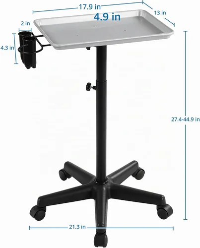 Vista 5 de Yaheetech Bandeja de salón rodante, equipo de carrito de aluminio con ruedas y altura ajustable, taburetes de spa, bandeja de almacenamiento