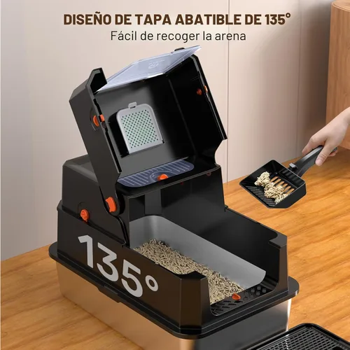 Vista 3 de Caja de arena de acero inoxidable con tapa, caja de arena metálica cerrada anti-fugas, bandeja de arena para gatos extra grande con tapa abatible