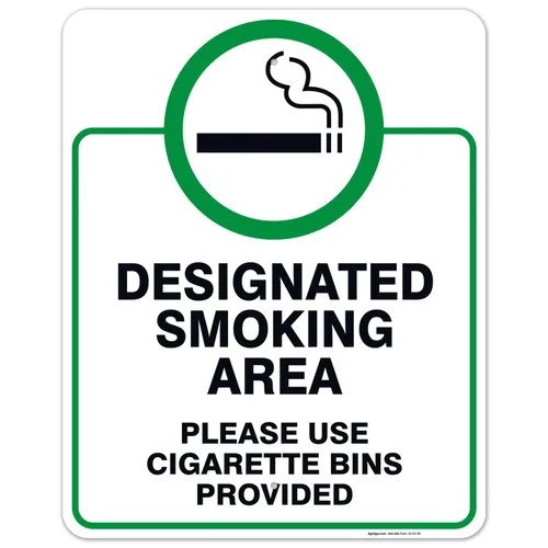 Vista 18 de Letrero designado para zona de fumar, letrero con texto en inglés "Please Use Cigarrette Bins Sign", 10 x 7 pulgadas, libre de óxido, aluminio 040