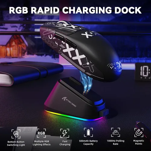 Vista 6 de ATTACK SHARK G3 Pro - Mouse inalámbrico para juegos con base de carga magnética, sensor de juego PixArt PAW3311, BT/2.4G inalámbrico/con cable