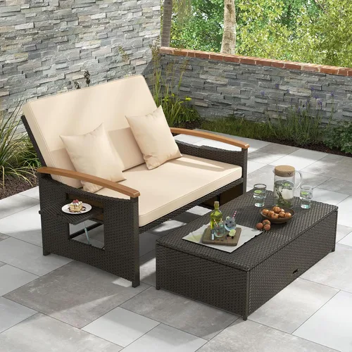 Vista 2 de LDAILY Moccha - Sofá de mimbre para exteriores, sofá biplaza de ratán para patio con respaldo ajustable de 4 niveles, paneles plegables, otomana