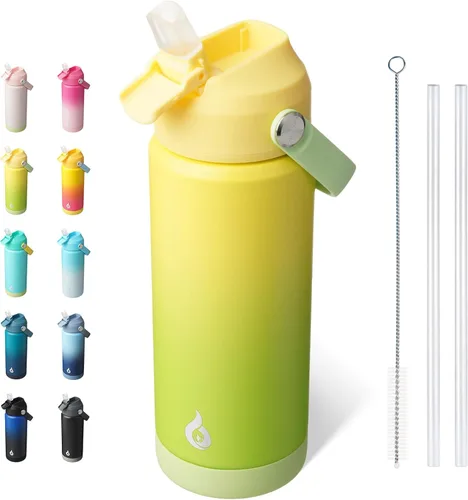 Vista 18 de BJPKPK - Botella de agua aislada con tapa de popote, 532 ml Botellas termo con boquilla suave, asa flexible y base antideslizante, libre de BPA, a