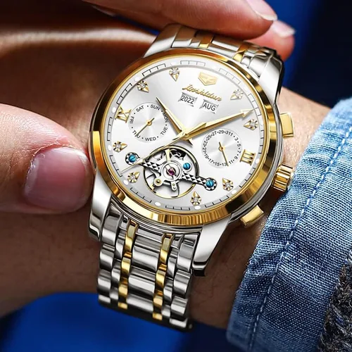 Vista 2 de JSDUN Relojes para hombre automático de cuerda automática, reloj de pulsera mecánico, multicalendario, acero inoxidable, mes, fecha, semana