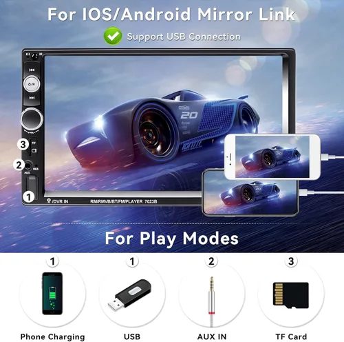 Vista 3 de CAMECHO Estéreo de automóvil de 7" con doble DIN, audio Bluetooth, reproductor MP5, USB, FM, radio multimedia+ cámara de respaldo mini de 4 LED