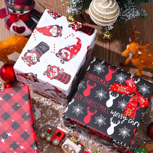 Vista 5 de ZINTBIAL Papel de regalo de Navidad para niños y adultos, papel de regalo de Navidad con cuadros rojos/negros, renos, gnomos, palabras "Ho Ho", 28 x