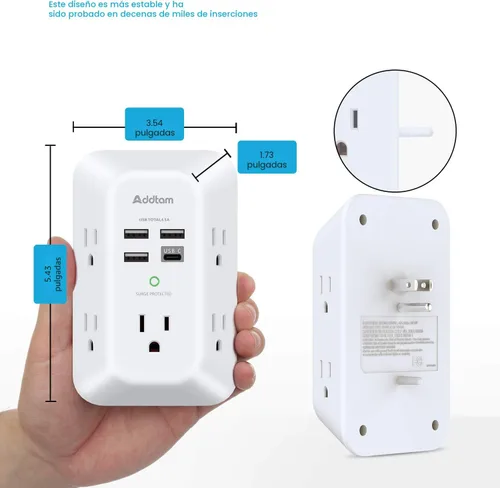 Vista 6 de Addtam cargador USB de pared con protector contra sobrecargas, extensor de 5 tomas con 4 puertos de carga USB (1 salida USB C) de 3 lados, 1800 J