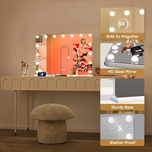 Vista 6 de Hasipu Espejo de maquillaje LED con altavoz Bluetooth, espejo de maquillaje de 31 x 22 pulgadas con luces y aumento, espejo Hollywood con 3 modos