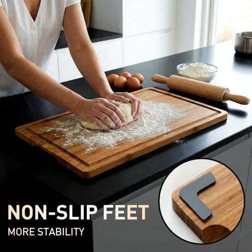 Vista 3 de Juego de 3 tablas de cortar de bambú con pies antideslizantes, tablas de cortar de madera maciza para cocina, tablas de cortar de madera no tóxicas