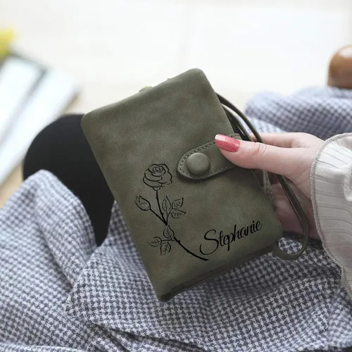 Vista 5 de Cartera personalizada con flor de nacimiento y nombre, pequeña cartera de cuero para mujeres, adolescentes, niñas, regalos personalizados