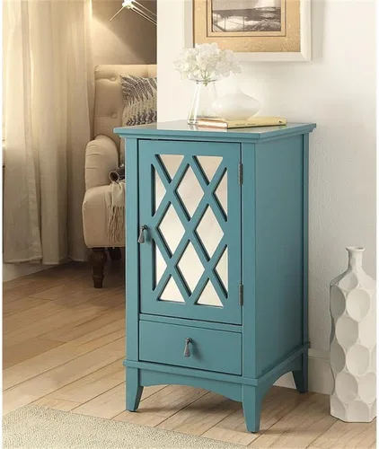 Vista 2 de Acme Mesa decorativa de madera Ceara con cajón de almacenamiento y puerta de cristal en color verde azulado